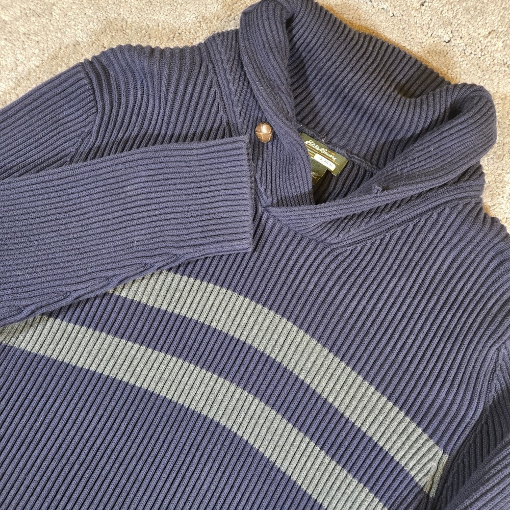 Eddie Bauer Mens Pullover Shawl Fisherman Sweater XL Navy Gray